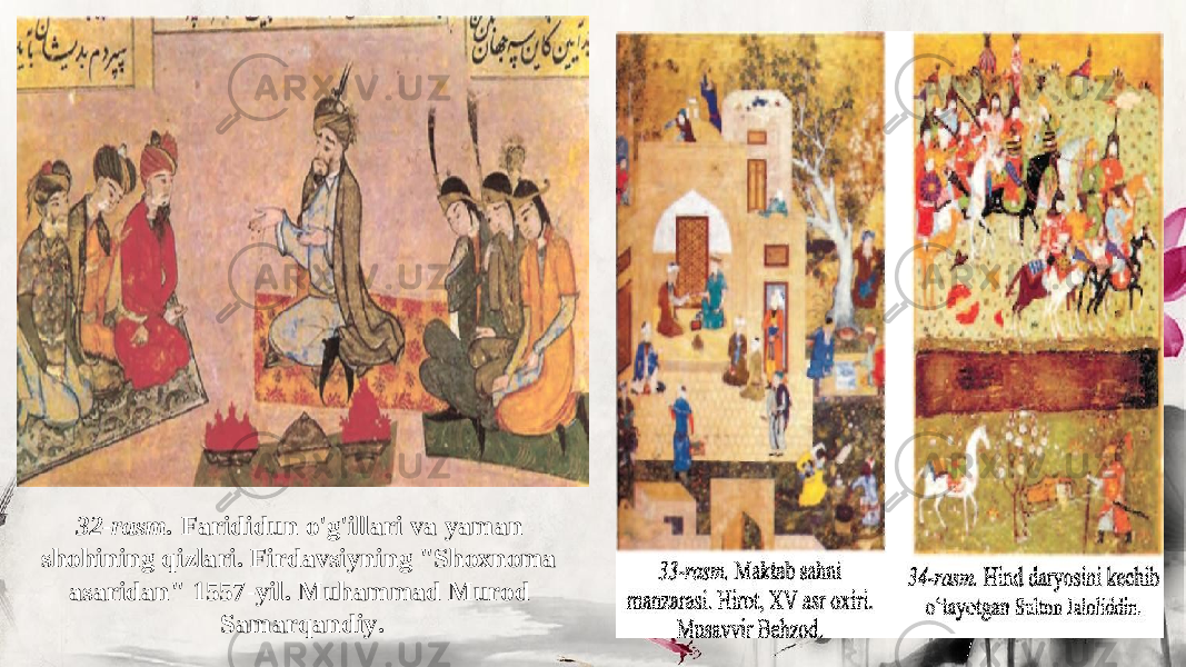 32-rasm. Farididun o&#39;g&#39;illari va yaman shohining qizlari. Firdavsiyning &#34;Shoxnoma asaridan&#34; 1557-yil. Muhammad Murod Samarqandiy. 