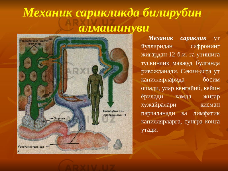 Механик сарикликда билирубин алмашинуви Механик сариклик ут йулларидан сафронинг жигардан 12 б.и. га утишига тускинлик мавжуд булганда ривожланади. Секин-аста ут капиллярларида босим ошади, улар кенгайиб, кейин ёрилади хамда жигар хужайралари кисман парчаланади ва лимфатик капиллярларга, сунгра конга утади. 