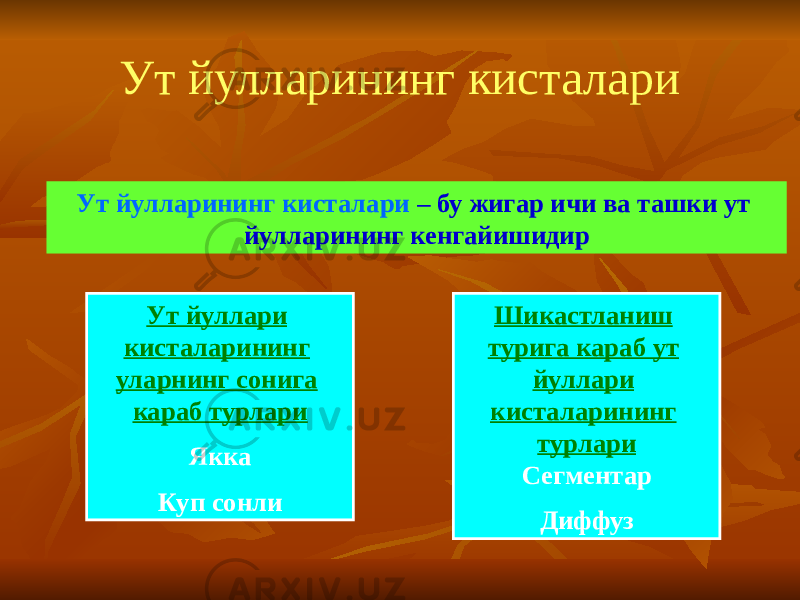 Ут йулларининг кисталари Ут йулларининг кисталари – бу жигар ичи ва ташки ут йулларининг кенгайишидир Шикастланиш турига караб ут йуллари кисталарининг турлари Сегментар Диффуз Ут йуллари кисталарининг уларнинг сонига караб турлари Якка Куп сонли 