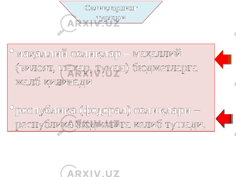  маҳаллий солиқлар – маҳаллий (вилоят, шаҳар, туман) бюджетларга жалб қилинади  республика (федерал) солиқлари – республика бюджетига келиб тушади. Солиқларнинг турлари 2703 3B 0D540D23 7D2108 62 03 2D30 1906 46 25 0D 