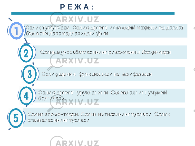 Солиқ тушунчаси. Солиқларнинг иқтисодий моҳияти ва давлат бюджети даромадларидаги ўрни Солиқ муносабатларининг ривожланиш босқичлари Солиқларнинг функциялари ва вазифалари Солиқларнинг гуруҳланиши. Солиқларнинг умумий белгилари. Солиқ элементлари. Солиқ имтиёзининг турлари. Солиқ ставкаларининг турлари Р Е Ж А : 