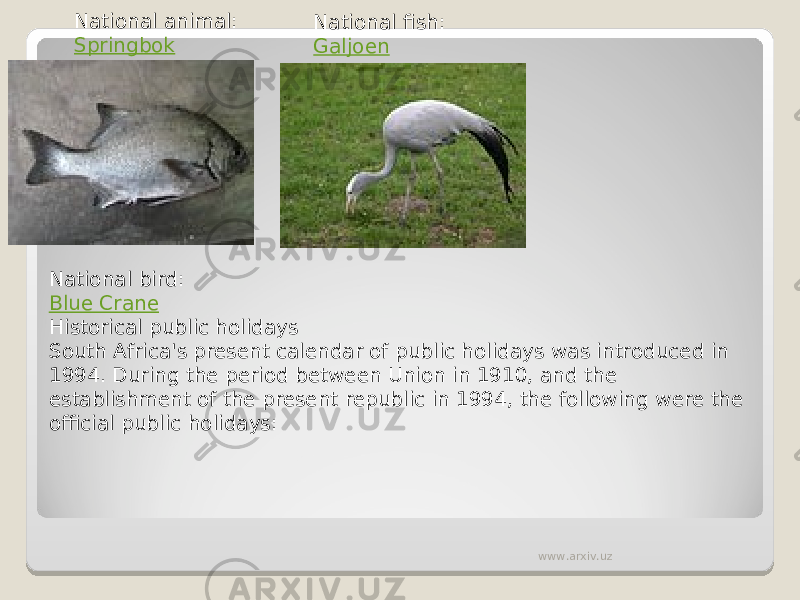 National animal: Springbok National fish: Galjoen National bird: Blue Crane Historical public holidays South Africa&#39;s present calendar of public holidays was introduced in 1994. During the period between Union in 1910, and the establishment of the present republic in 1994, the following were the official public holidays: www.arxiv.uz 