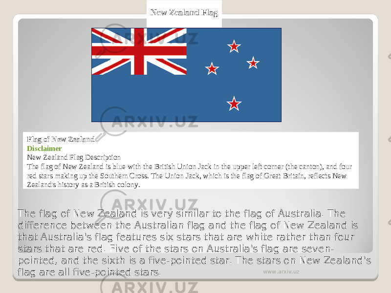 New Zealand Flag Flag of New Zealand Disclaimer New Zealand Flag Description   The flag of New Zealand is blue with the British Union Jack in the upper left corner (the canton), and four red stars making up the Southern Cross. The Union Jack, which is the flag of Great Britain, reflects New Zealand&#39;s history as a British colony.   The flag of New Zealand is very similar to the flag of Australia. The difference between the Australian flag and the flag of New Zealand is that Australia&#39;s flag features six stars that are white rather than four stars that are red. Five of the stars on Australia&#39;s flag are seven- pointed, and the sixth is a five-pointed star. The stars on New Zealand&#39;s flag are all five-pointed stars.  www.arxiv.uz 