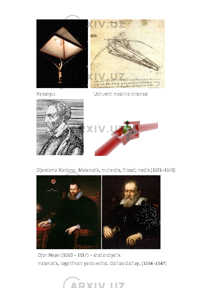 Parashyut Uchuvchi mashina chizmasi Djerolamo Kardano. Matematik, muhandis, filosof, medik (1501–1576) Djon Neper (1550 – 1617) – shotlandiyalik matematik, logarifmani yaratuvchisi. Galileo Galiley, (1564–1642) 