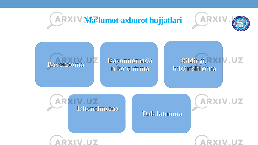 Ma’lumot-axborot hujjatlari Bayonnoma Bayonnomada n ko‘chirma Bildirgi, bildirishnoma Ishonchnoma Dalolatnoma 