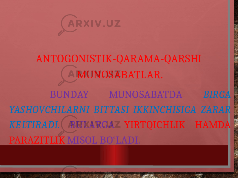 ANTOGONISTIK-QARAMA-QARSHI MUNOSABATLAR. BUNDAY MUNOSABATDA BIRGA YASHOVCHILARNI BITTASI IKKINCHISIGA ZARAR KELTIRADI. BULARGA YIRTQICHLIK HAMDA PARAZITLIK MISOL BO‘LADI. 