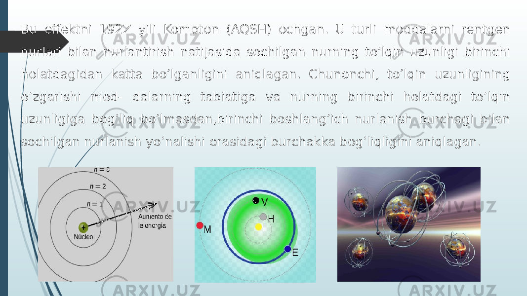 Bu effektni 192Z yili Kompton (AQSH) ochgan. U turli moddalarni rentgen nurlari bilan nurlantirish natijasida sochilgan nurning to’lqin uzunligi birinchi holatdagidan katta bo’lganligini aniqlagan. Chunonchi, to’lqin uzunligining o’zgarishi mod- dalarning tabiatiga va nurning birinchi holatdagi to’lqin uzunligiga bog’liq bo’lmasdan,birinchi boshlang’ich nurlanish burchagi bilan sochilgan nurlanish yo’nalishi orasidagi burchakka bog’liqligini aniqlagan. 