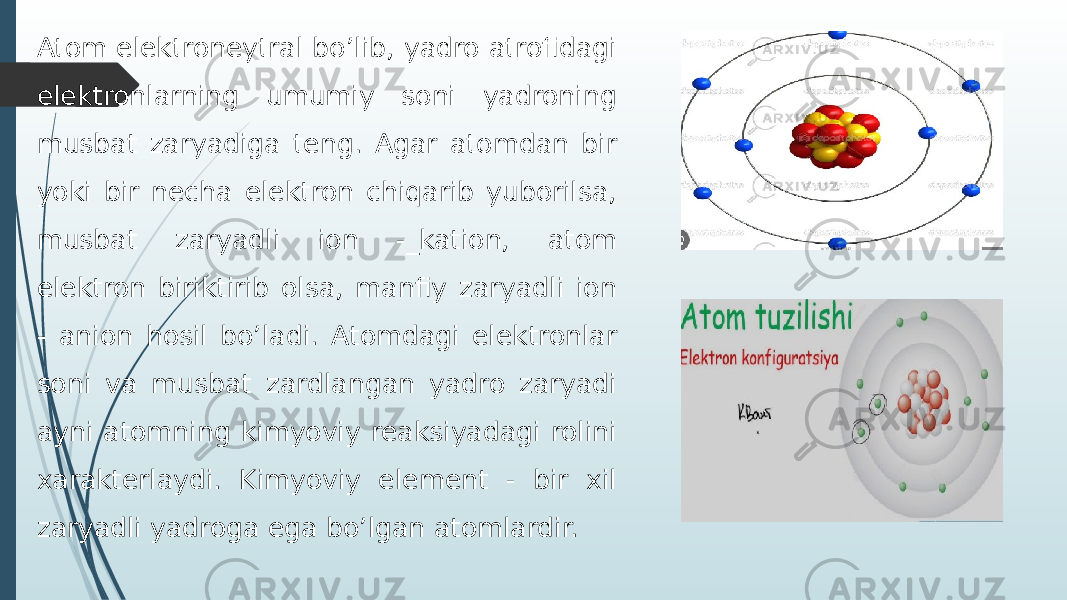 Atom elеktronеytral bo’lib, yadro atrofidagi elеktronlarning umumiy soni yadroning musbat zaryadiga teng. Agar atomdan bir yoki bir necha elektron chiqarib yuborilsa, musbat zaryadli ion -_kation, atom elektron biriktirib olsa, manfiy zaryadli ion - anion hosil bo’ladi. Atomdagi elektronlar soni va musbat zardlangan yadro zaryadi ayni atomning kimyoviy reaksiyadagi rolini xarakterlaydi. Kimyoviy element - bir xil zaryadli yadroga ega bo’lgan atomlardir. 