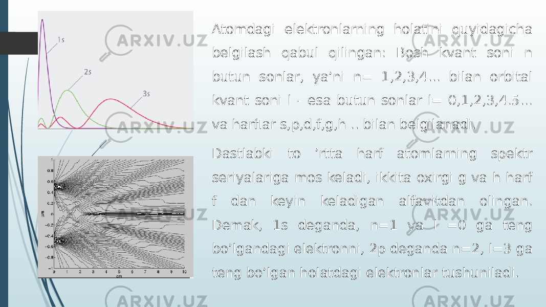 Atomdagi elektronlarning holatini quyidagicha belgilash qabul qilingan: Bosh kvant soni n butun sonlar, ya’ni n= 1,2,3,4... bilan orbital kvant soni l - esa butun sonlar l= 0,1,2,3,4.5... va harflar s,p,d,f,g,h .. bilan belgilanadi. Dastlabki to ’rtta harf atomlarning spektr seriyalariga mos keladi, ikkita oxirgi g va h harf f dan keyin keladigan alfavitdan olingan. Demak, 1s deganda, n=1 va l =0 ga teng bo’lgandagi elektronni, 2p deganda n=2, l=3 ga teng bo’lgan holatdagi elektronlar tushuniladi. 