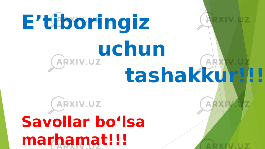 E’tiboringiz uchun tashakkur!!! Savollar boʻlsa marhamat!!! 