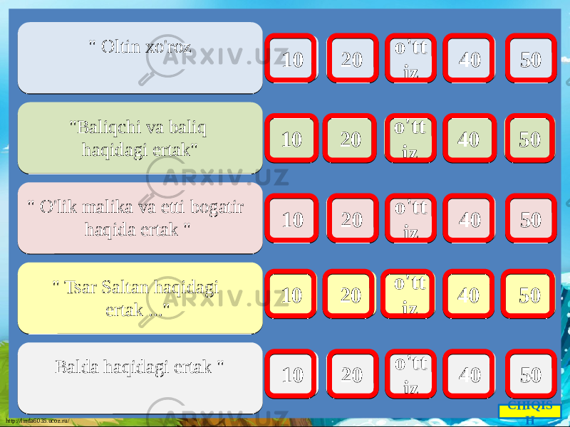 http://linda6035.ucoz.ru/ &#34;Baliqchi va baliq haqidagi ertak&#34; &#34; O&#39;lik malika va etti bogatir haqida ertak &#34; Balda haqidagi ertak &#34;&#34; Tsar Saltan haqidagi ertak ...&#34;&#34; Oltin xo&#39;roz 1010 2020 o&#39;tt izo&#39;tt iz 4040 5050 1010 2020 o&#39;tt izo&#39;tt iz 4040 5050 1010 2020 o&#39;tt izo&#39;tt iz 4040 5050 1010 2020 o&#39;tt izo&#39;tt iz 4040 5050 1010 2020 o&#39;tt izo&#39;tt iz 4040 5050 CHIQIS H 