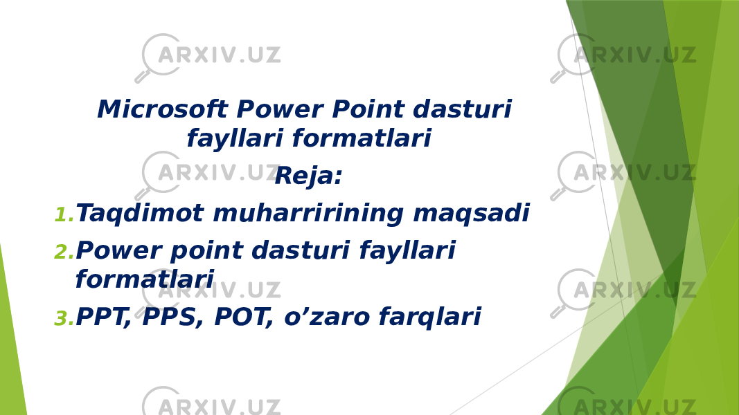 Microsoft Power Point dasturi fayllari formatlari Reja: 1. Taqdimot muharririning maqsadi 2. Power point dasturi fayllari formatlari 3. PPT, PPS, POT, o’zaro farqlari 