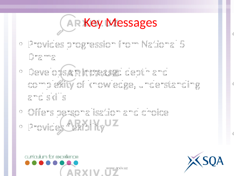 Key Messages • Provides progression from National 5 Drama • Develops an increased depth and complexity of knowledge, understanding and skills • Offers personalisation and choice • Provides flexibility www.arxiv.uz 