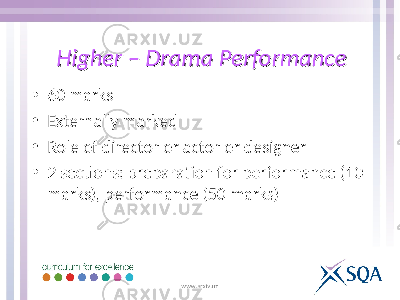 Higher – Drama PerformanceHigher – Drama Performance • 60 marks • Externally marked • Role of director or actor or designer • 2 sections: preparation for performance (10 marks), performance (50 marks) www.arxiv.uz 