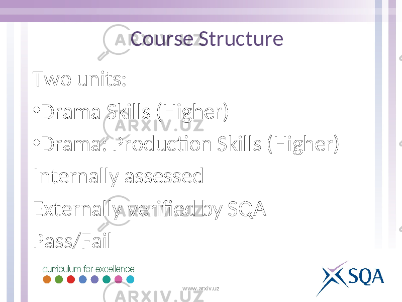 Course Structure Two units: • Drama Skills (Higher) • Drama: Production Skills (Higher) Internally assessed Externally verified by SQA Pass/Fail www.arxiv.uz 