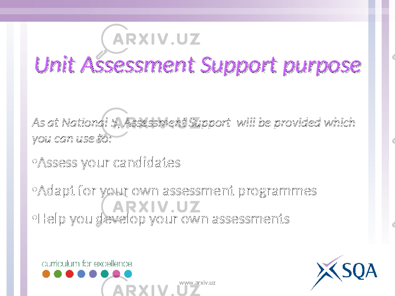 Unit Assessment Support purpose Unit Assessment Support purpose As at National 5, Assessment Support will be provided which you can use to: • Assess your candidates • Adapt for your own assessment programmes • Help you develop your own assessments www.arxiv.uz 
