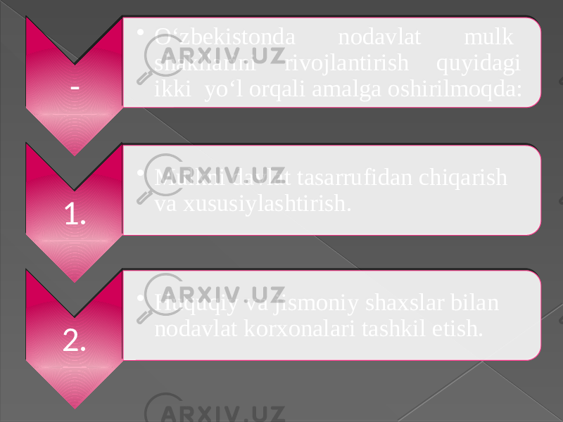 - • O‘zbekistonda nodavlat mulk shakllarini rivojlantirish quyidagi ikki yo‘l orqali amalga oshirilmoqda: 1. • Mulkni davlat tasarrufidan chiqarish va xususiylashtirish. 2. • Huquqiy va jismoniy shaxslar bilan nodavlat korxonalari tashkil etish. 01 01 2F 0E 0706060703 0203 01 28 16 0403 01 2A 08 