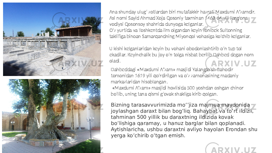 Ana shunday ulug‘ zotlardan biri mutafakkir hazrati Maxdumi Aʼzamdir. Asl nomi Sayid Ahmad Xoja Qosoniy taxminan 1463-64 yili Farg‘ona vodiysi Qosonsoy shahrida dunyoga kelganlar. O‘z yurtida va Toshkentda ilm olgandan keyin Jonibek Sultonning taklifiga binoan Samarqandning Miyonqol vohasiga ko‘chib kelganlar. U kishi kelganlaridan keyin bu vohani obodonlashtirib o‘n tup tol ekadilar. Keyinchalik bu joy o‘n tolga nisbat berilib Dahbed degan nom oladi. Dahbeddagi «Maxdumi Aʼzam» masjidi Yalangto‘sh Bahodir tomonidan 1619 yili qo‘rdirilgan va o‘z zamonasining madaniy markazlaridan hisoblangan. «Maxdumi Aʼzam» masjidi hovlisida 500 yoshdan oshgan chinor bo‘lib, uning tana qismi g‘ovak shakliga kirib qolgan. Bizning tarasavvurimizda mo‘’jiza majmua maydonida joylashgan daraxt bilan bog‘liq. Bahaybat va to‘rt ildizli, tahminan 500 yillik bu daraxtning ildizida kovak bo‘lishiga qaramay, u hanuz barglar bilan qoplanadi. Aytishlaricha, ushbu daraxtni avliyo hayolan Erondan shu yerga ko‘chirib o‘tgan emish. 