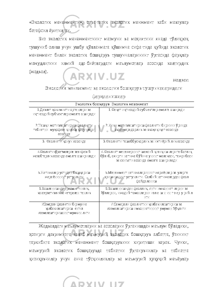 «Экологик менежменти», стра-тегик экологик менжмент каби мавзулар батафсил ёритилган. Биз экологик менежментнинг мазмуни ва моҳиятини янада тўлиқроқ тушуниб олиш учун ушбу қўлланмага қўшимча сифа-тида қуйида экологик менежмент билан экологик бошқарув тушунчаларининг ўртасида фарқлар мажудлигини илмий ада-биётлардаги маълумотлар асосида келтирдик (жадвал). жадвал Экологик менежмент ва экологик бошқарув тушунчаларидаги фарқланишлар Экологик бошқарув Экологик менежмент 1.Давлат ҳокимияти органлари ва иқтисодий субъектлар амалга оширади 1.Фақат иқтисодий субъектлар амалга оширади 2.Ташқи мотивлаштириш фаолияти табиатни муҳофаза қилиш қонунлари асосида 2.Ички мотивлаштириш фаолияти биринчи ўринда экосамарадорлик ва экоҳақиқат асосида 3. Фаолияти қонун асосида 3.Фаолияти ташаббускорлик ва ихтиёрий-лик асосида 4.Фаолияти кўрсатмалар ва вазифавий жавобгарлик асосида амалга оширилади 4.Фаолият менежернинг шахсий қизиқиш-ларига боғлиқ бўлиб, охирги натижа бўйича унинг малакаси, тажрибаси ва санъати асосида амалга оширилади 5.Натижалар устидан бошқариш жараёнининг устунлиги 5.Менежмент натижаларининг жараёнлар ва уларга эришишнинг устунлиги. Салбий натижалардан фаол фойдаланиш 6.Бошланишидан расмиятчилик, консервативлик ва чегаралан- ганлик 6.Бошланишидан фаоллик, янги имконият-ларни ва йўлларни, ижодий томонларни изл а ш н ин г з ар у рий л иги 7.Самарали фаолиятни бир мунча қалбакилаштириш енгил ясамалаштиришнинг мумкин- лиги 7.Самарали фаолиятни қалбакилаштириш ва ясамалаштириш имкониятининг умуман йўқлиги Жадвалдаги маълумотларни ва асосларни ўрганишдан маълум бўладики, ҳозирги давримизга келиб маъмурий экологик бошқарув албатта, ўзининг таркибига экологик менежмент бошқарувини киритиши керак. Чунки, маъмурий экологик бошқарувда табиатни ўрганувчилар ва табиатга қизиқувчилар учун анча тўсқинликлар ва маъмурий ҳуқуқий меъёрлар 