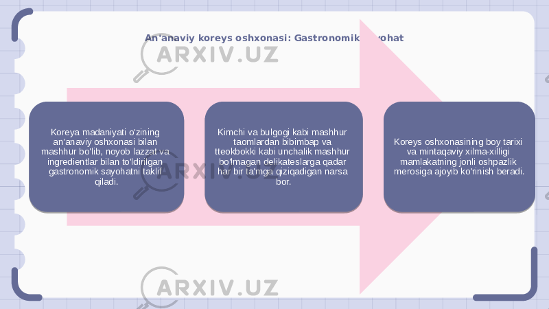 An&#39;anaviy koreys oshxonasi: Gastronomik sayohat Koreya madaniyati o&#39;zining an&#39;anaviy oshxonasi bilan mashhur bo&#39;lib, noyob lazzat va ingredientlar bilan to&#39;ldirilgan gastronomik sayohatni taklif qiladi. Kimchi va bulgogi kabi mashhur taomlardan bibimbap va tteokbokki kabi unchalik mashhur bo&#39;lmagan delikateslarga qadar har bir ta&#39;mga qiziqadigan narsa bor. Koreys oshxonasining boy tarixi va mintaqaviy xilma-xilligi mamlakatning jonli oshpazlik merosiga ajoyib ko&#39;rinish beradi. 