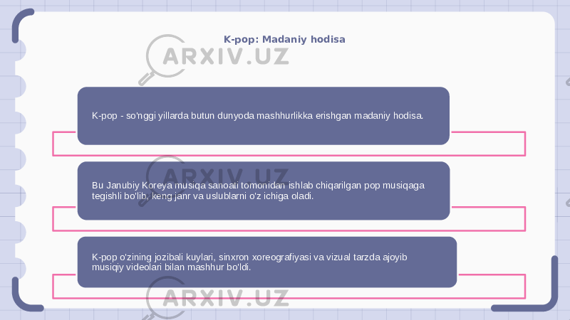 K-pop: Madaniy hodisa K-pop - so&#39;nggi yillarda butun dunyoda mashhurlikka erishgan madaniy hodisa. Bu Janubiy Koreya musiqa sanoati tomonidan ishlab chiqarilgan pop musiqaga tegishli bo&#39;lib, keng janr va uslublarni o&#39;z ichiga oladi. K-pop o&#39;zining jozibali kuylari, sinxron xoreografiyasi va vizual tarzda ajoyib musiqiy videolari bilan mashhur bo&#39;ldi. 