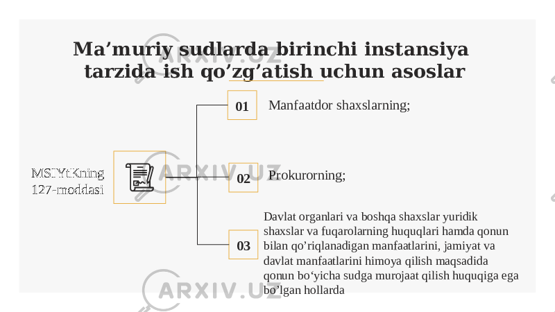 Ma’muriy sudlarda birinchi instansiya tarzida ish qo’zg’atish uchun asoslar 01 Manfaatdor shaxslarning; 02 Prokurorning; 03 Davlat organlari va boshqa shaxslar yuridik shaxslar va fuqarolarning huquqlari hamda qonun bilan qo’riqlanadigan manfaatlarini, jamiyat va davlat manfaatlarini himoya qilish maqsadida qonun bo‘yicha sudga murojaat qilish huquqiga ega bo’lgan hollardaMSIYtKning 127-moddasi 