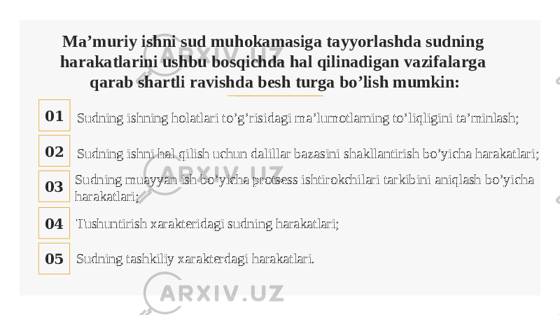 Ma’muriy ishni sud muhokamasiga tayyorlashda sudning harakatlarini ushbu bosqichda hal qilinadigan vazifalarga qarab shartli ravishda besh turga bo’lish mumkin: 01 02 03 04 05 Sudning ishning holatlari to’g’risidagi ma’lumotlarning to’liqligini ta’minlash; Sudning ishni hal qilish uchun dalillar bazasini shakllantirish bo’yicha harakatlari; Sudning muayyan ish bo’yicha protsess ishtirokchilari tarkibini aniqlash bo’yicha harakatlari; Tushuntirish xarakteridagi sudning harakatlari; Sudning tashkiliy xarakterdagi harakatlari. 