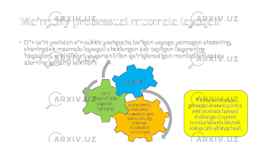 Ma’muriy protsessual muomala layoqati • O‘n to‘rt yoshdan o‘n sakkiz yoshgacha bo‘lgan voyaga yetmagan shaxsning, shuningdek muomala layoqati cheklangan deb topilgan fuqaroning huquqlari, erkinliklari va qonun bilan qo‘riqlanadigan manfaatlari sudda ularning qonuniy vakillari: tarbiyalovchi, davolovchi muassasalar yoki boshqa shunga o‘xshash muassasalar ma’muriyatiularni farzandlikka olganlar, homiylar *Biroq, sud voyaga yetmagan shaxsning o‘zini yoki muomala layoqati cheklangan fuqaroni bunday ishlarda ishtirok etishga jalb qilishga haqli. 