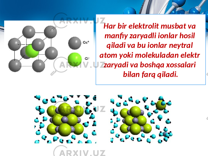 Har bir elektrolit musbat va manfiy zaryadli ionlar hosil qiladi va bu ionlar neytral atom yoki molekuladan elektr zaryadi va boshqa xossalari bilan farq qiladi. 