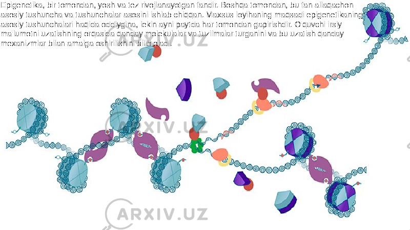 Epigenetika, bir tomondan, yosh va tez rivojlanayotgan fandir. Boshqa tomondan, bu fan allaqachon asosiy tushuncha va tushunchalar asosini ishlab chiqqan. Maxsus loyihaning maqsadi epigenetikaning asosiy tushunchalari haqida oddiygina, lekin ayni paytda har tomondan gapirishdir. O&#39;quvchi irsiy ma&#39;lumotni uzatishning orqasida qanday molekulalar va tuzilmalar turganini va bu uzatish qanday mexanizmlar bilan amalga oshirilishini bilib oladi. 