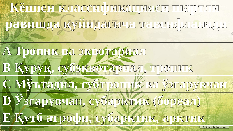 Кёппен классификацияси шартли равишда қуйидагича тавсифланади A Тропик ва эквотариал B Қуруқ, субэквотариал, тропик C Мўътадил, субтропик ва ўзгарувчан D Ўзгарувчан, субарктик (бореал) E Қутб атрофи, субарктик, арктик 