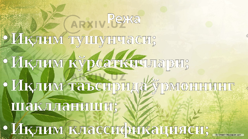 Режа • Иқлим тушунчаси; • Иқлим кўрсаткичлари; • Иқлим таъсирида ўрмоннинг шаклланиши; • Иқлим классификацияси; 