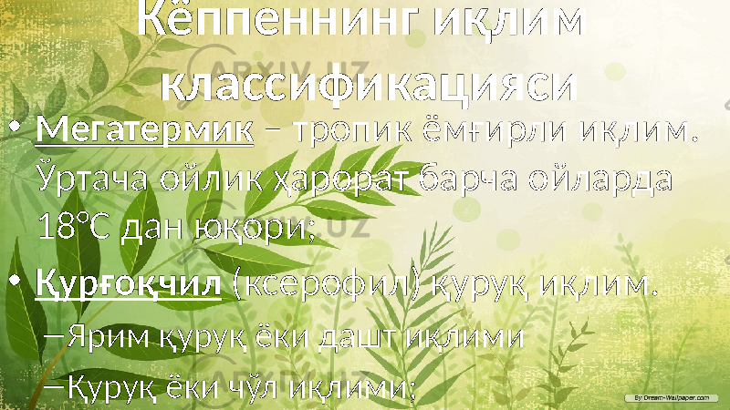 Кёппеннинг иқлим классификацияси • Мегатермик – тропик ёмғирли иқлим. Ўртача ойлик ҳарорат барча ойларда 18°С дан юқори; • Қурғоқчил (ксерофил) қуруқ иқлим. – Ярим қуруқ ёки дашт иқлими – Қуруқ ёки чўл иқлими; 