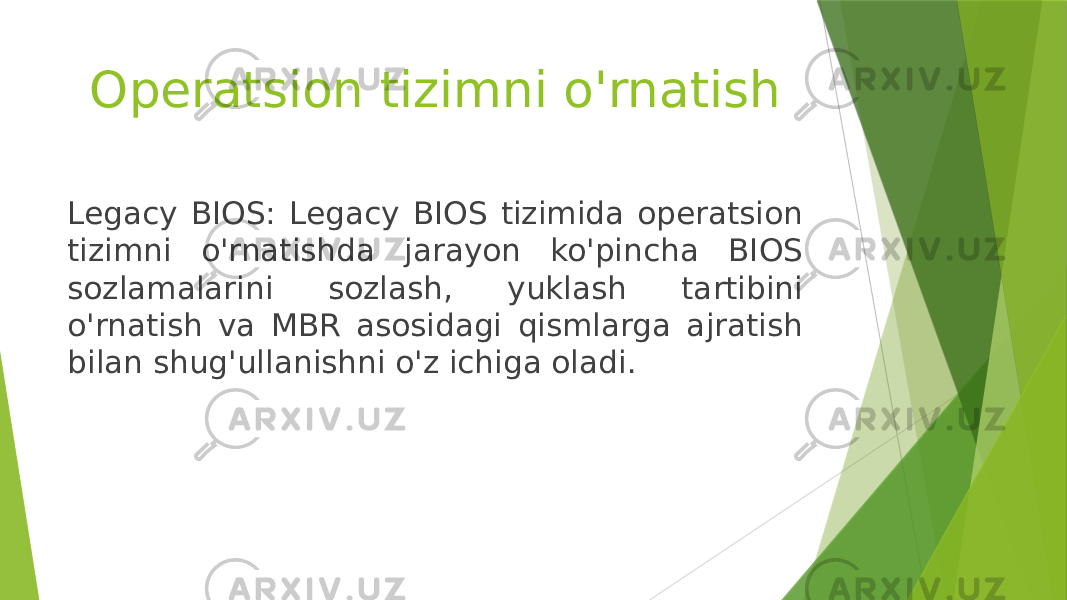 Operatsion tizimni o&#39;rnatish Legacy BIOS: Legacy BIOS tizimida operatsion tizimni o&#39;rnatishda jarayon ko&#39;pincha BIOS sozlamalarini sozlash, yuklash tartibini o&#39;rnatish va MBR asosidagi qismlarga ajratish bilan shug&#39;ullanishni o&#39;z ichiga oladi. 