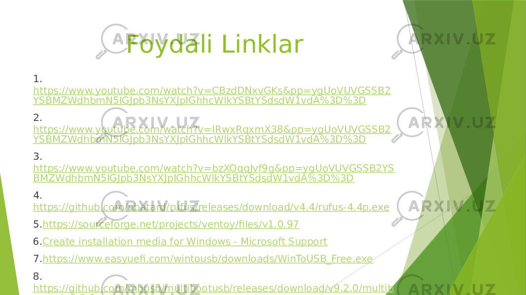 Foydali Linklar 1. https://www.youtube.com/watch?v=CBzdDNxvGKs&pp=ygUoVUVGSSB2 YSBMZWdhbmN5IGJpb3NsYXJpIGhhcWlkYSBtYSdsdW1vdA%3D%3D 2. https://www.youtube.com/watch?v=IRwxRqxmX38&pp=ygUoVUVGSSB2 YSBMZWdhbmN5IGJpb3NsYXJpIGhhcWlkYSBtYSdsdW1vdA%3D%3D 3. https://www.youtube.com/watch?v=bzXOqqJvf9g&pp=ygUoVUVGSSB2YS BMZWdhbmN5IGJpb3NsYXJpIGhhcWlkYSBtYSdsdW1vdA%3D%3D 4. https://github.com/pbatard/rufus/releases/download/v4.4/rufus-4.4p.exe 5. https://sourceforge.net/projects/ventoy/files/v1.0.97 6. Create installation media for Windows - Microsoft Support 7. https://www.easyuefi.com/wintousb/downloads/WinToUSB_Free.exe 8. https://github.com/mbusb/multibootusb/releases/download/v9.2.0/multib ootusb-9.2.0-setup.exe 