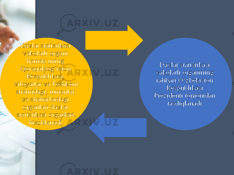 Davlat statistikasi vakolatli organi hamda uning Qoraqalpog‘iston Respublikasi, viloyatlar va Toshkent shahridagi, tumanlar va shaharlardagi organlari davlat statistikasi organlari hisoblanadi. Davlat statistikasi vakolatli organining rahbari O‘zbekiston Respublikasi Prezidenti tomonidan tasdiqlanadi. 