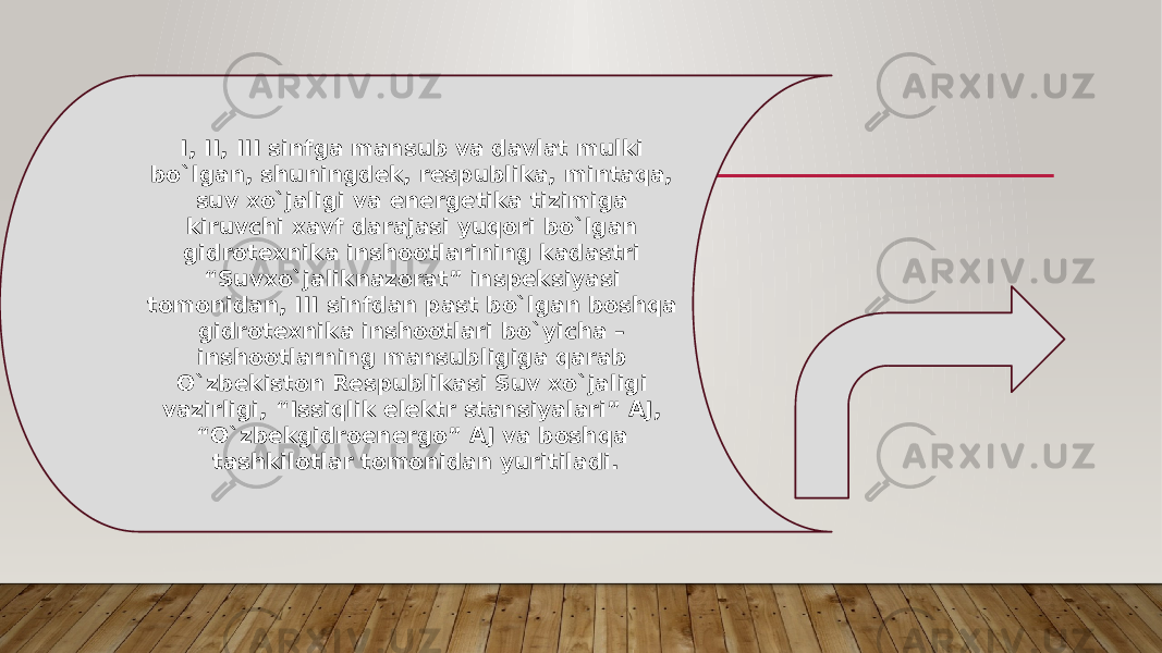 I, II, III sinfga mansub va davlat mulki bo`lgan, shuningdek, respublika, mintaqa, suv xo`jaligi va еnergetika tizimiga kiruvchi xavf darajasi yuqori bo`lgan gidrotexnika inshootlarining kadastri “Suvxo`jaliknazorat” inspeksiyasi tomonidan, III sinfdan past bo`lgan boshqa gidrotexnika inshootlari bo`yicha – inshootlarning mansubligiga qarab O`zbekiston Respublikasi Suv xo`jaligi vazirligi, “Issiqlik еlektr stansiyalari” AJ, “O`zbekgidroеnergo” AJ va boshqa tashkilotlar tomonidan yuritiladi. 