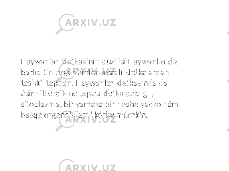 Haywanlar kletkasinin duzilisi Haywanlar da barlıq tiri organizmler sıyaqlı kletkalardan tashkil tapqan. Haywanlar kletkasında da ósimliklerdikine uqsas kletka qabı ǵ ı, sitoplazma, bir yamasa bir neshe yadro hám basqa organoidlarni kóriw múmkin. 