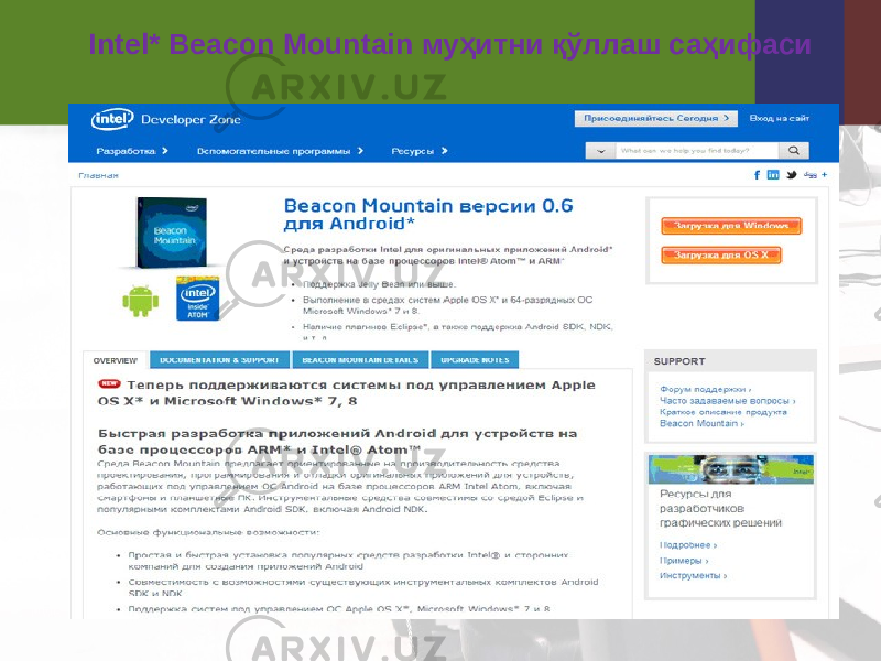 Intel* Beacon Mountain муҳитни қўллаш саҳифаси 