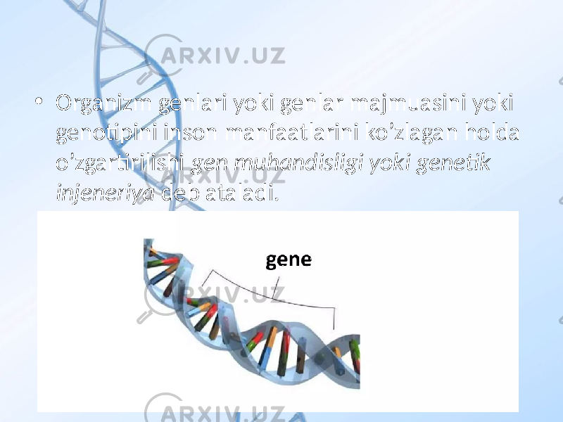 • Organizm genlari yoki genlar majmuasini yoki genotipini inson manfaatlarini ko’zlagan holda o’zgartirilishi gen muhandisligi yoki genetik injeneriya deb ataladi. 