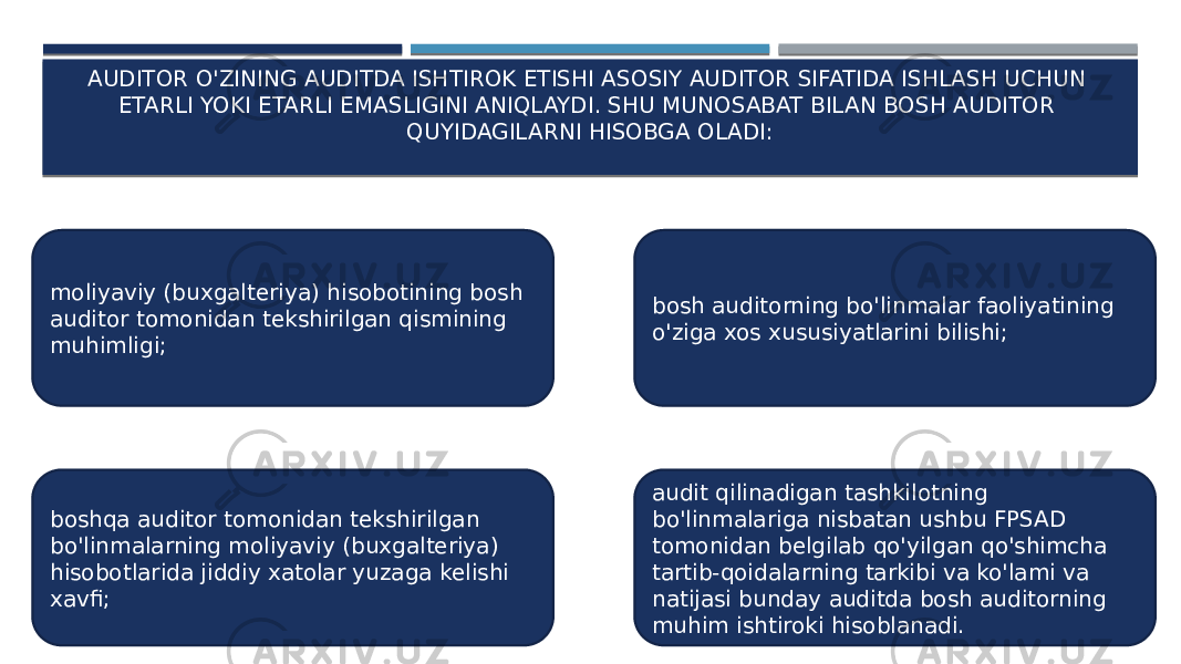 AUDITOR O&#39;ZINING AUDITDA ISHTIROK ETISHI ASOSIY AUDITOR SIFATIDA ISHLASH UCHUN ETARLI YOKI ETARLI EMASLIGINI ANIQLAYDI. SHU MUNOSABAT BILAN BOSH AUDITOR QUYIDAGILARNI HISOBGA OLADI: moliyaviy (buxgalteriya) hisobotining bosh auditor tomonidan tekshirilgan qismining muhimligi; audit qilinadigan tashkilotning bo&#39;linmalariga nisbatan ushbu FPSAD tomonidan belgilab qo&#39;yilgan qo&#39;shimcha tartib-qoidalarning tarkibi va ko&#39;lami va natijasi bunday auditda bosh auditorning muhim ishtiroki hisoblanadi.bosh auditorning bo&#39;linmalar faoliyatining o&#39;ziga xos xususiyatlarini bilishi; boshqa auditor tomonidan tekshirilgan bo&#39;linmalarning moliyaviy (buxgalteriya) hisobotlarida jiddiy xatolar yuzaga kelishi xavfi; 