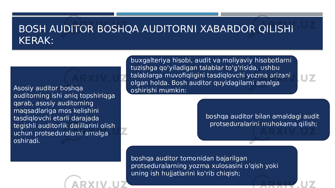 BOSH AUDITOR BOSHQA AUDITORNI XABARDOR QILISHI KERAK: Asosiy auditor boshqa auditorning ishi aniq topshiriqga qarab, asosiy auditorning maqsadlariga mos kelishini tasdiqlovchi etarli darajada tegishli auditorlik dalillarini olish uchun protseduralarni amalga oshiradi. buxgalteriya hisobi, audit va moliyaviy hisobotlarni tuzishga qo&#39;yiladigan talablar to&#39;g&#39;risida, ushbu talablarga muvofiqligini tasdiqlovchi yozma arizani olgan holda. Bosh auditor quyidagilarni amalga oshirishi mumkin: boshqa auditor bilan amaldagi audit protseduralarini muhokama qilish; boshqa auditor tomonidan bajarilgan protseduralarning yozma xulosasini o&#39;qish yoki uning ish hujjatlarini ko&#39;rib chiqish; 