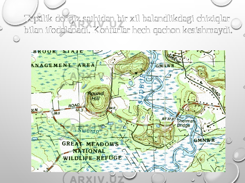 Tepalik dengiz sathidan bir xil balandlikdagi chiziqlar bilan ifodalanadi. Konturlar hech qachon kesishmaydi. 