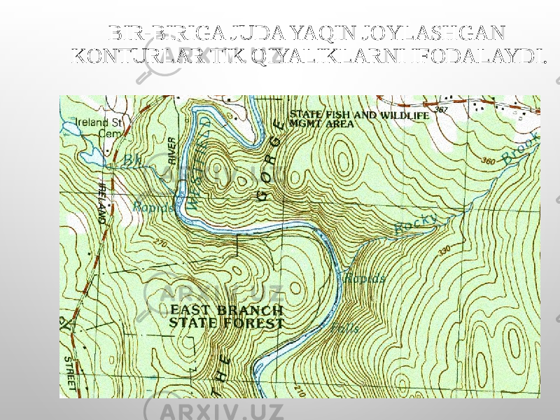 BIR-BIRIGA JUDA YAQIN JOYLASHGAN KONTURLAR TIK QIYALIKLARNI IFODALAYDI. 