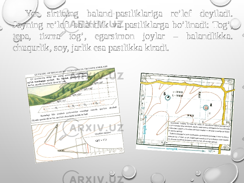 Yer sirtining baland-pastliklariga re’lef deyiladi. Joyning re’lefi balandlik va pastliklarga bo’linadi: Tog’, tepa, tizma tog’, egarsimon joylar – balandlikka. chuqurlik, soy, jarlik esa pastlikka kiradi. 