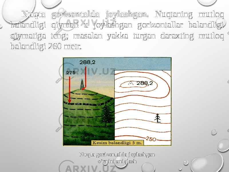 Nuqta gorizontalda joylashgan. Nuqtaning mutloq balandligi qiymati u joylashgan gorizontallar balandligi qiymatiga teng; masalan yakka turgan daraxting mutloq balandligi 260 metr. Nuqta gorizontalda joylashgan o‘rnini aniqlash 