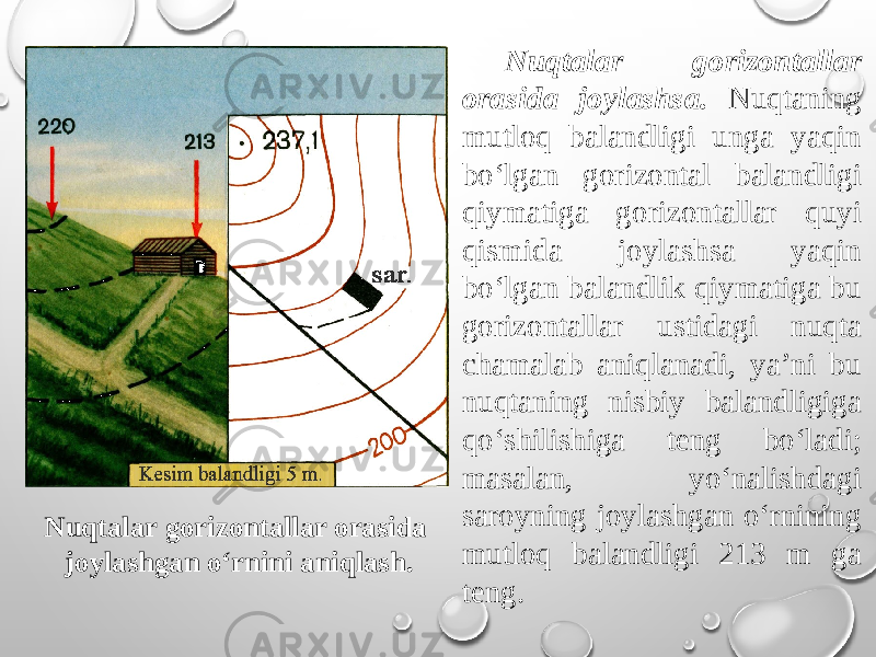 Nuqtalar gorizontallar orasida joylashsa. Nuqtaning mutloq balandligi unga yaqin bo‘lgan gorizontal balandligi qiymatiga gorizontallar quyi qismida joylashsa yaqin bo‘lgan balandlik qiymatiga bu gorizontallar ustidagi nuqta chamalab aniqlanadi, ya’ni bu nuqtaning nisbiy balandligiga qo‘shilishiga teng bo‘ladi; masalan, yo‘nalishdagi saroyning joylashgan o‘rnining mutloq balandligi 213 m ga teng. Nuqtalar gorizontallar orasida joylashgan o‘rnini aniqlash. 