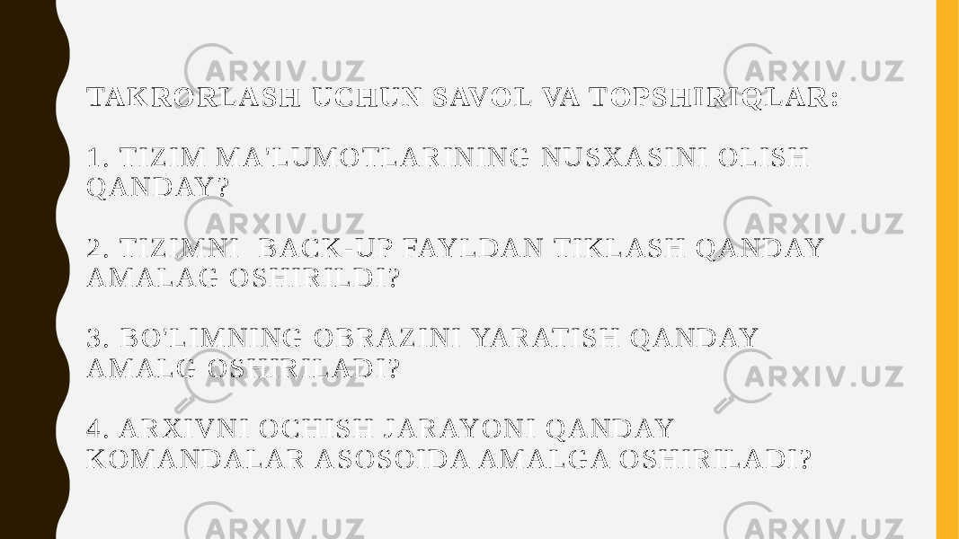 TA K R O R L A S H U C H U N S AV O L VA T O P S H I R I Q L A R :   1 . T I Z I M M A &#39; L U M O T L A R I N I N G N U S X A S I N I O L I S H Q A N D AY ? 2 . T I Z I M N I B A C K - U P FAY L D A N T I K L A S H Q A N D AY A M A L A G O S H I R I L D I ? 3 . B O &#39; L I M N I N G O B R A Z I N I YA R AT I S H Q A N D AY A M A L G O S H I R I L A D I ? 4 . A R X I V N I O C H I S H J A R AY O N I Q A N D AY K O M A N D A L A R A S O S O I D A A M A L G A O S H I R I L A D I ? 