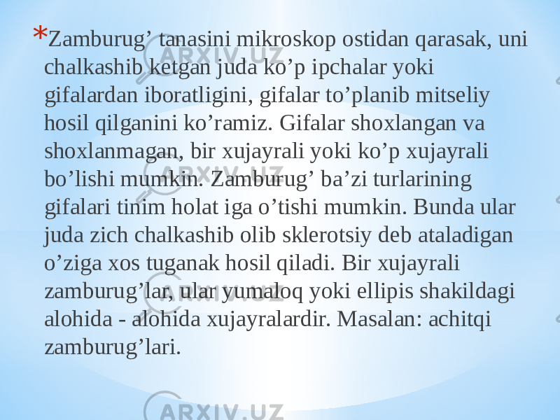 * Zamburugʼ tanasini mikroskop ostidan qarasak, uni chalkashib ketgan juda koʼp ipchalar yoki gifalardan iboratligini, gifalar toʼplanib mitseliy hosil qilganini koʼramiz. Gifalar shoxlangan va shoxlanmagan, bir xujayrali yoki koʼp xujayrali boʼlishi mumkin. Zamburugʼ baʼzi turlarining gifalari tinim holat iga oʼtishi mumkin. Bunda ular juda zich chalkashib olib sklerotsiy deb ataladigan oʼziga xos tuganak hosil qiladi. Bir xujayrali zamburugʼlar, ular yumaloq yoki ellipis shakildagi alohida - alohida xujayralardir. Masalan: achitqi zamburugʼlari. 