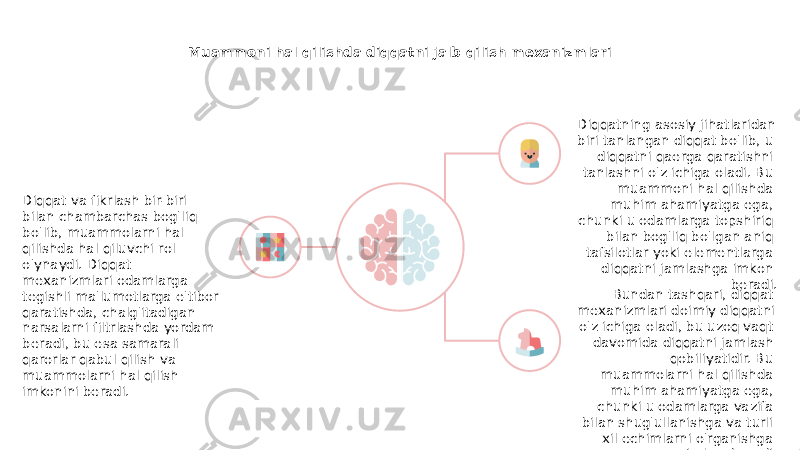 Muammoni hal qilishda diqqatni jalb qilish mexanizmlari Diqqat va fikrlash bir-biri bilan chambarchas bog&#39;liq bo&#39;lib, muammolarni hal qilishda hal qiluvchi rol o&#39;ynaydi. Diqqat mexanizmlari odamlarga tegishli ma&#39;lumotlarga e&#39;tibor qaratishda, chalg&#39;itadigan narsalarni filtrlashda yordam beradi, bu esa samarali qarorlar qabul qilish va muammolarni hal qilish imkonini beradi. Diqqatning asosiy jihatlaridan biri tanlangan diqqat bo&#39;lib, u diqqatni qaerga qaratishni tanlashni o&#39;z ichiga oladi. Bu muammoni hal qilishda muhim ahamiyatga ega, chunki u odamlarga topshiriq bilan bog&#39;liq bo&#39;lgan aniq tafsilotlar yoki elementlarga diqqatni jamlashga imkon beradi. Bundan tashqari, diqqat mexanizmlari doimiy diqqatni o&#39;z ichiga oladi, bu uzoq vaqt davomida diqqatni jamlash qobiliyatidir. Bu muammolarni hal qilishda muhim ahamiyatga ega, chunki u odamlarga vazifa bilan shug&#39;ullanishga va turli xil echimlarni o&#39;rganishga imkon beradi. 